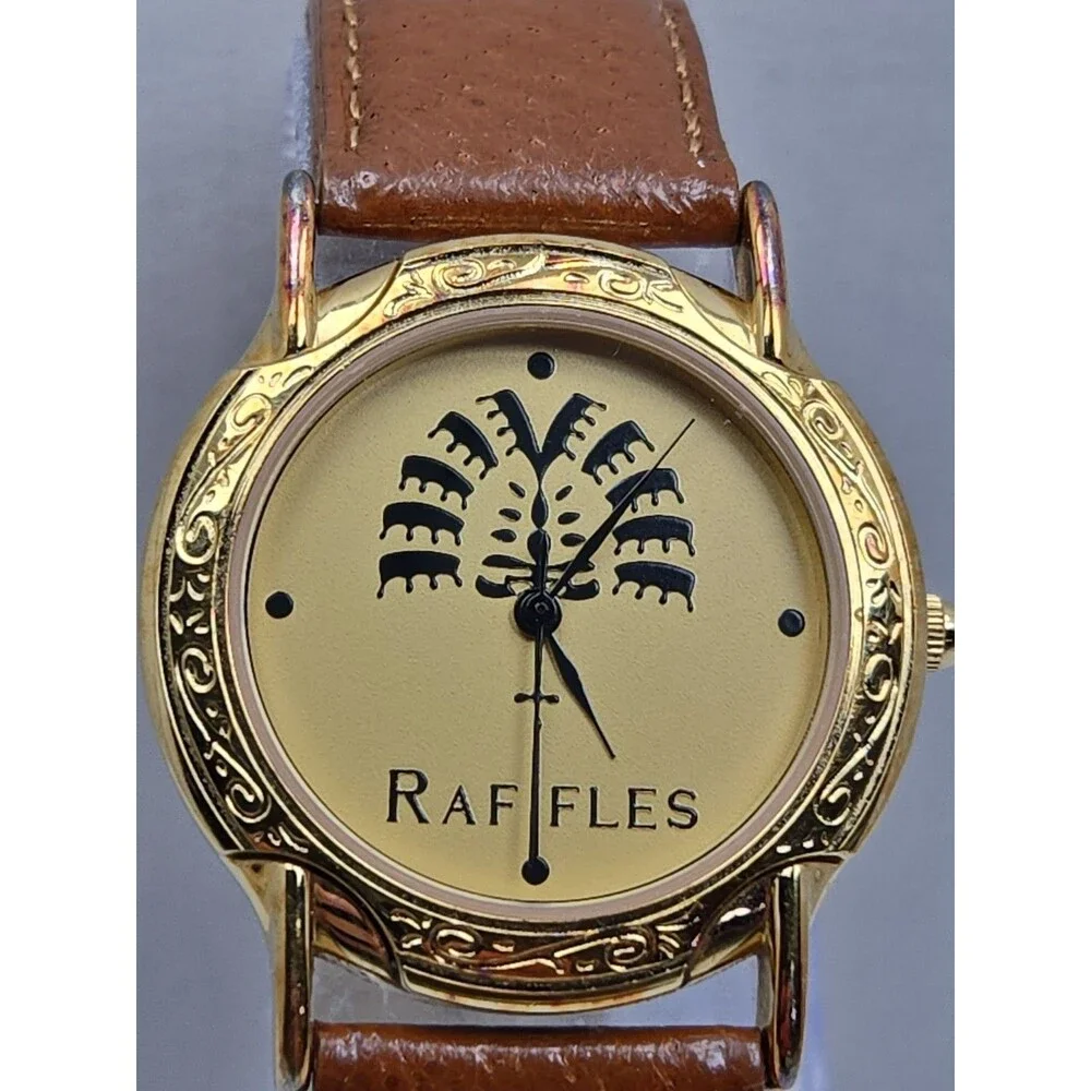 Vintage Raffles Hotel Singapore L'Orelogg 34mm Quartz Watch Leather New Battery
